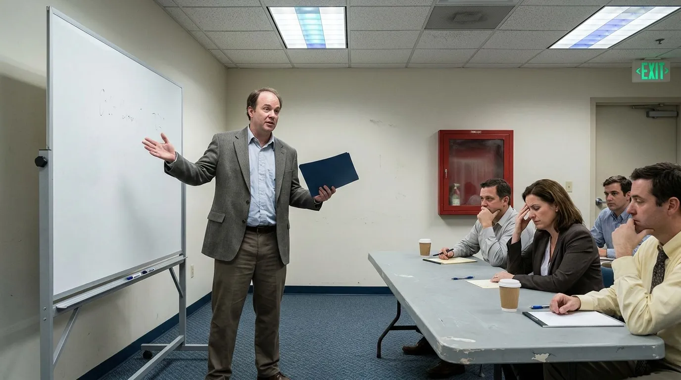 Homme en costume présente devant un tableau blanc à quatre collègues attentifs.
