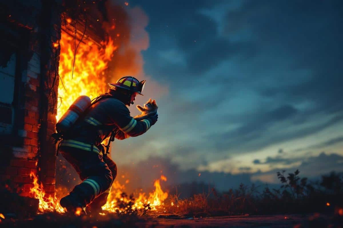 Apprenant qu’un chat est encore sur les lieux, un pompier retourne courageusement dans le bâtiment en feu