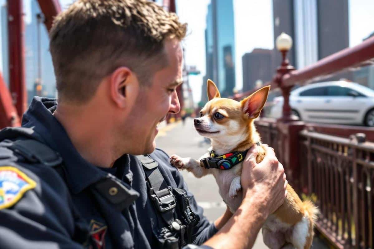 Un Chihuahua, exténué et coincé sur un pont, retrouve de la force en apercevant son sauveteur pompier