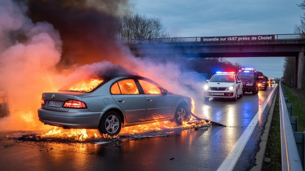 Incendie sur l’A87 près de Cholet : une voiture brûle et bloque le trafic vers Angers