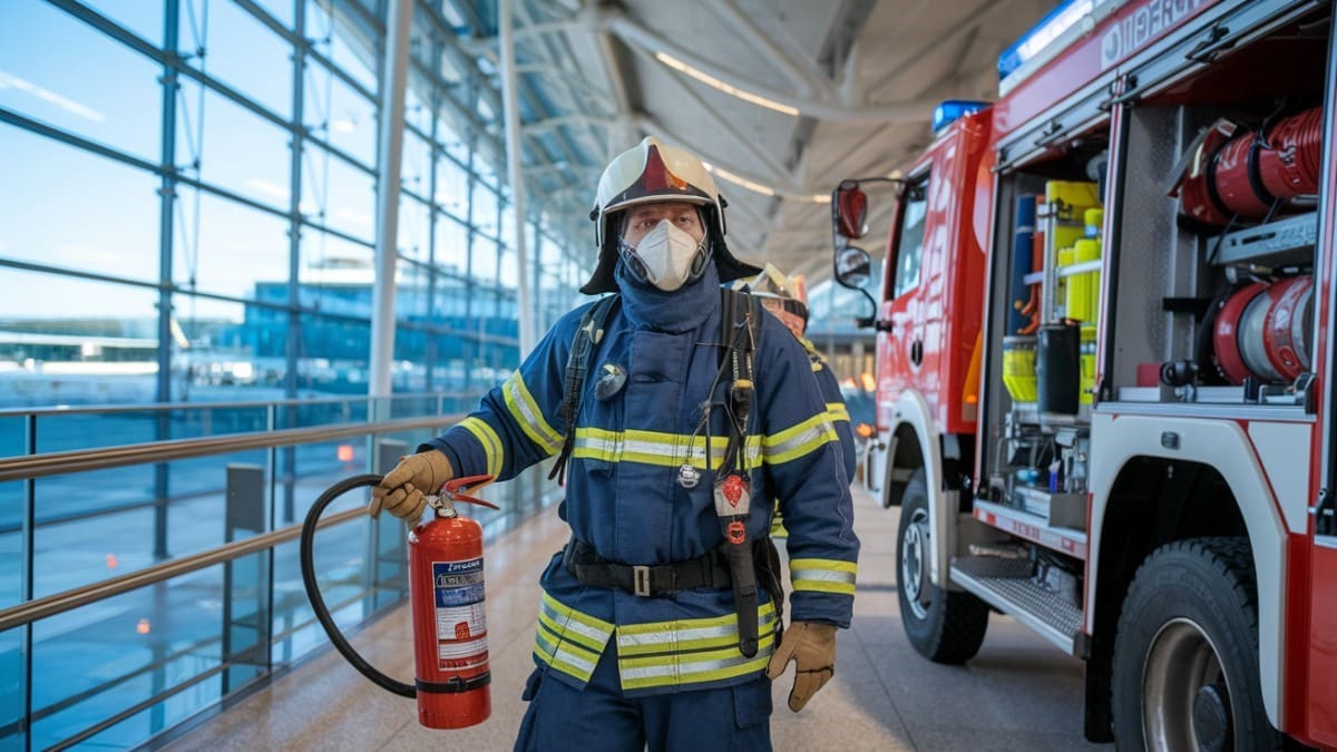 Pompier aéroport avec extincteur