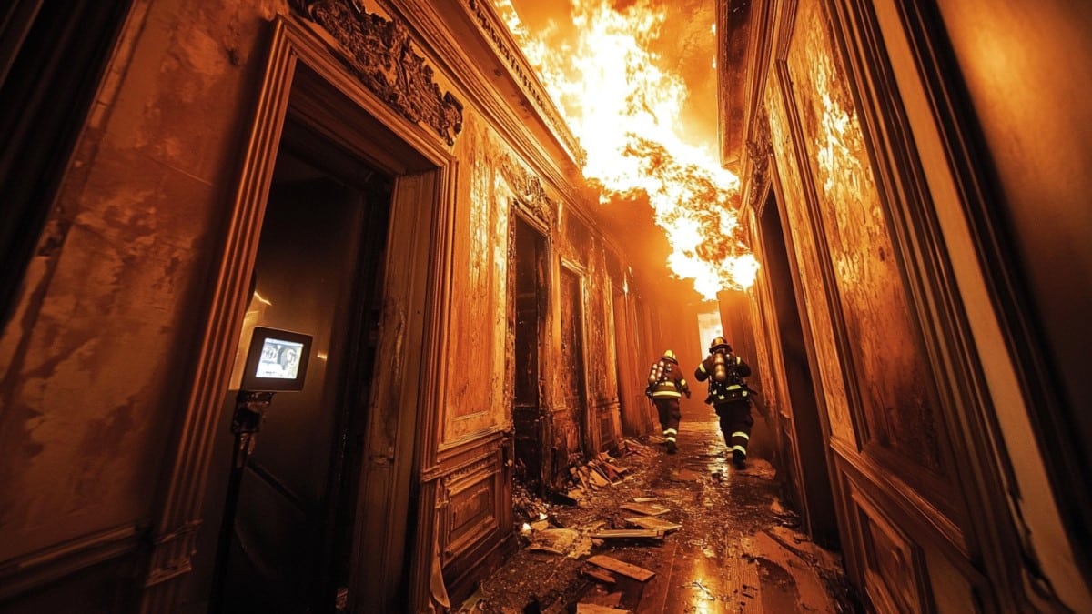 Couloir en feu, pompiers avancent