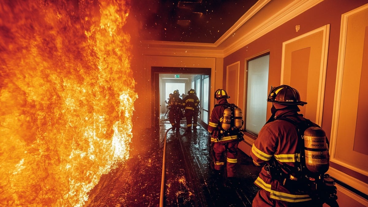 Pompiers dans un couloir en feu