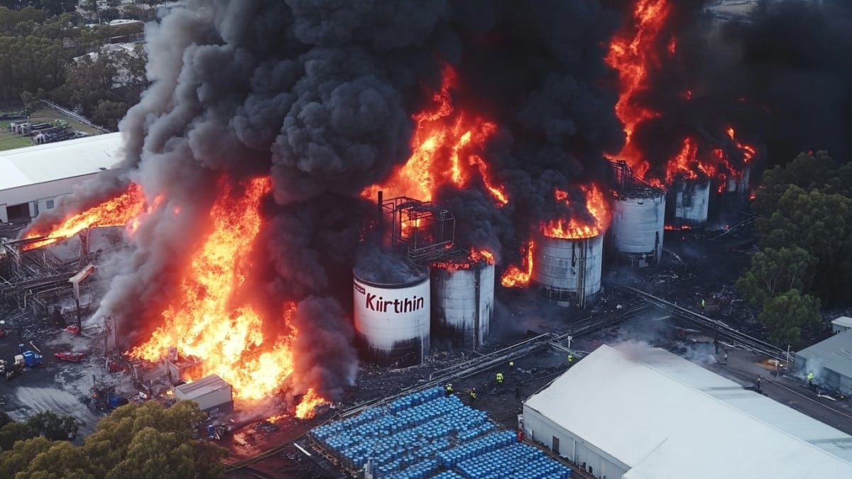 Usine en flammes avec fumée noire