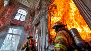 Pompiers dans un bâtiment en feu