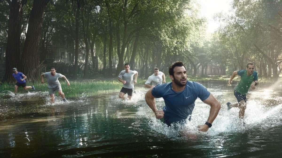 Hommes courant dans l'eau