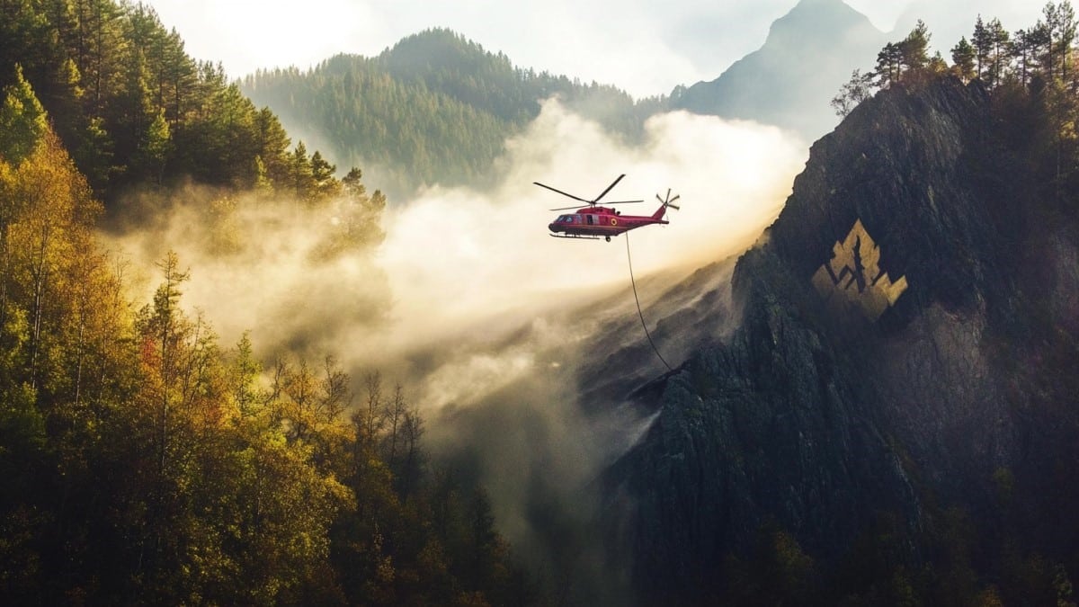 Hélicoptère sur montagne brumeuse