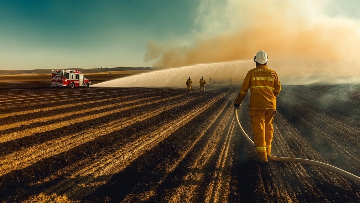 Intervention des pompiers dans un champ