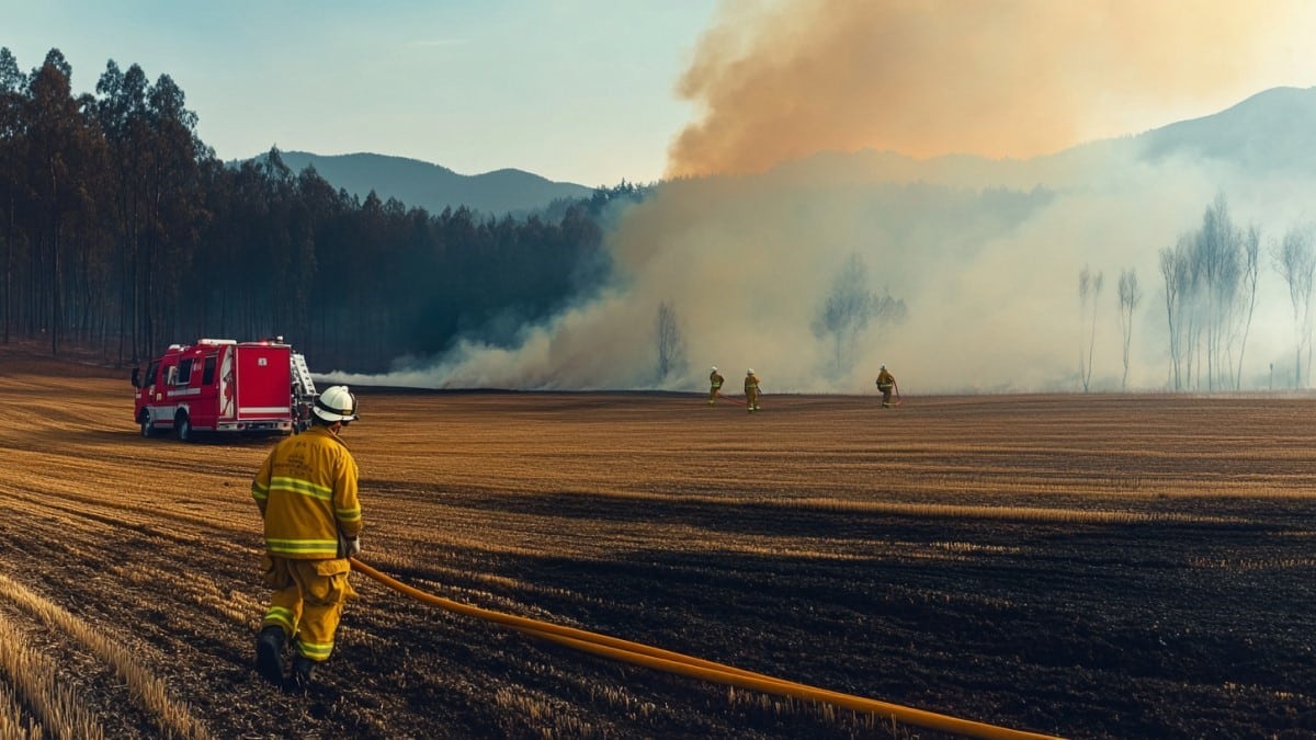 Intervention de pompiers dans un champ