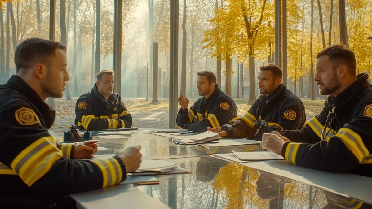 Pompiers en réunion stratégique