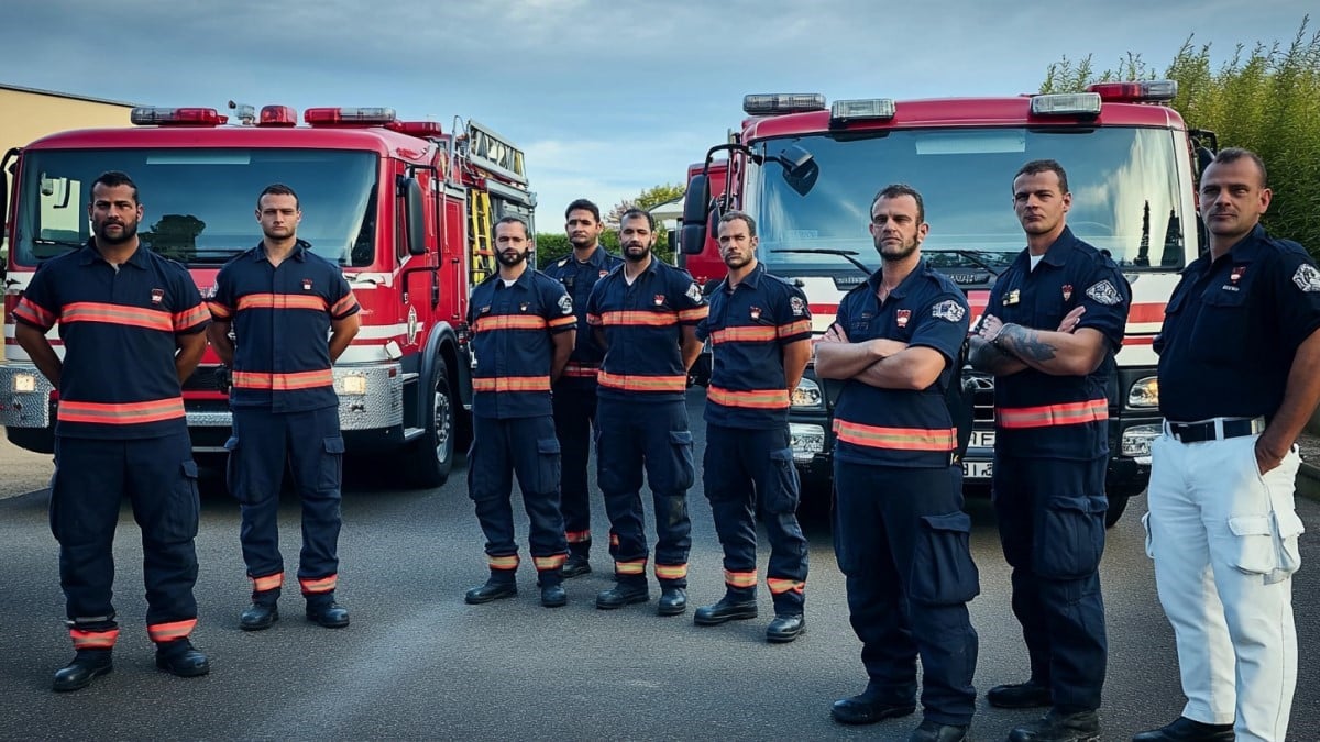 Groupe de pompiers en uniforme