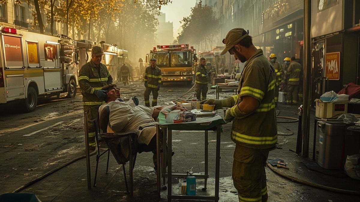 Pompiers soignant un blessé