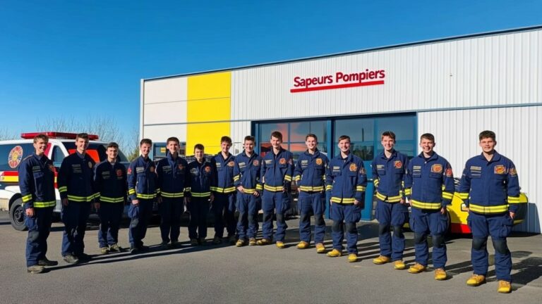 Jeunes pompiers devant caserne