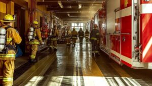 Pompiers dans un centre de secours