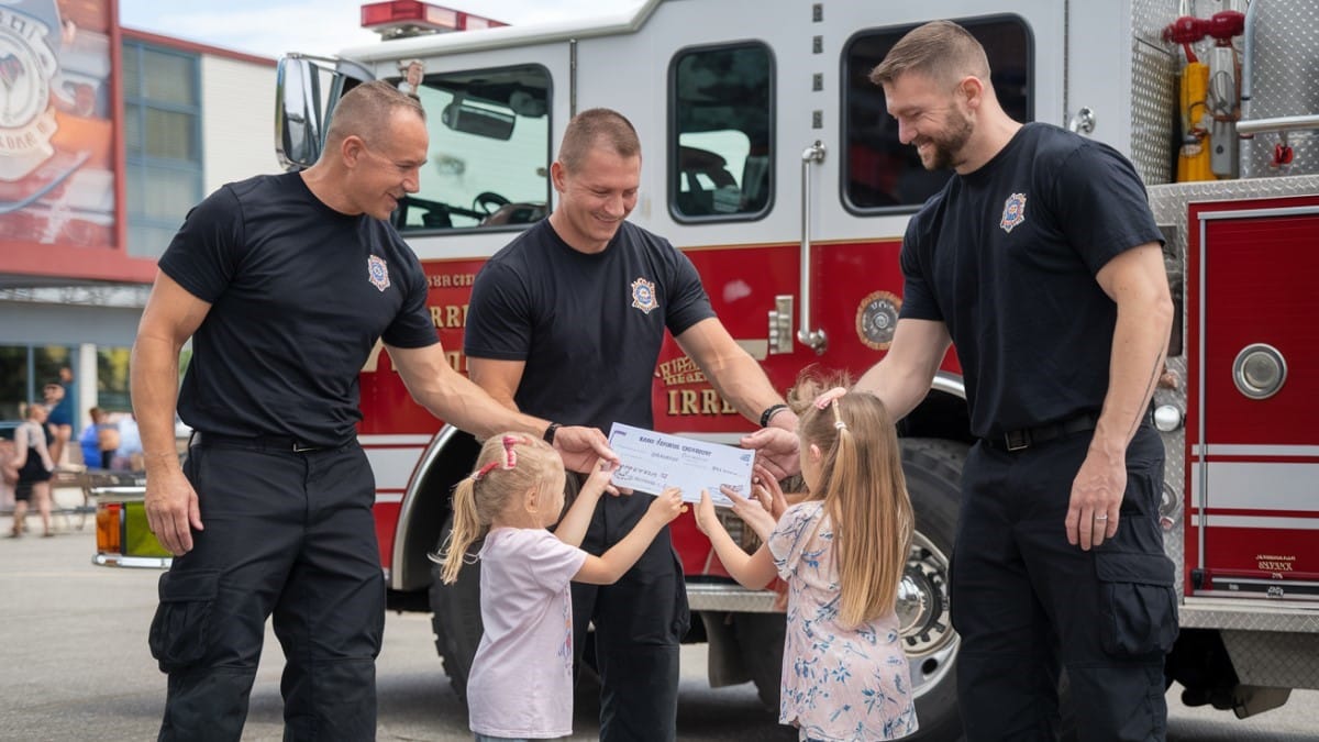 Remise de chèque par des pompiers