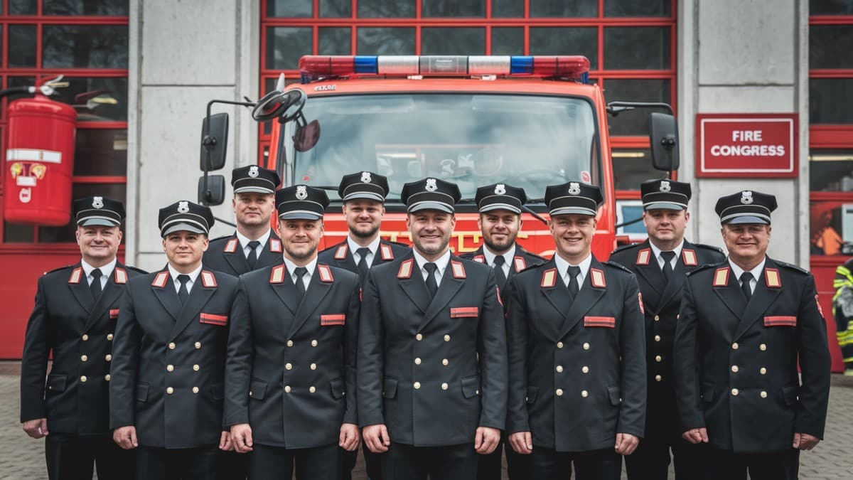 Pompiers en uniforme groupés