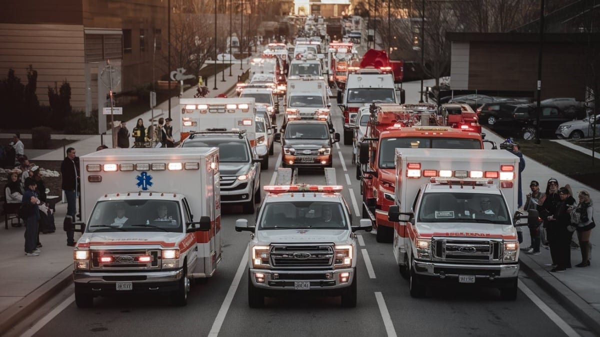 Défilé d'ambulances alignées