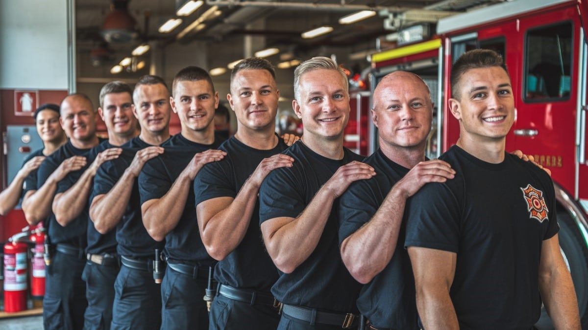 Pompiers alignés en équipe