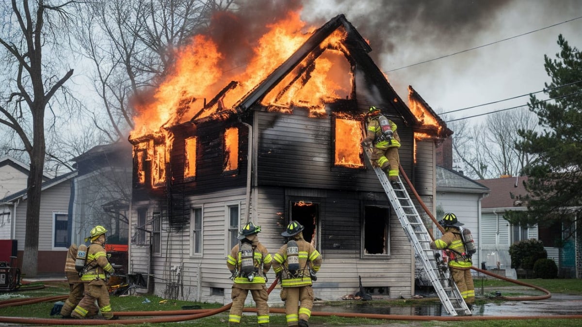 Maison en feu avec pompiers