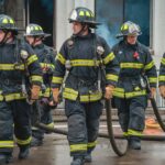 Groupe de pompiers en action