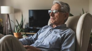 Homme âgé pensif chez lui