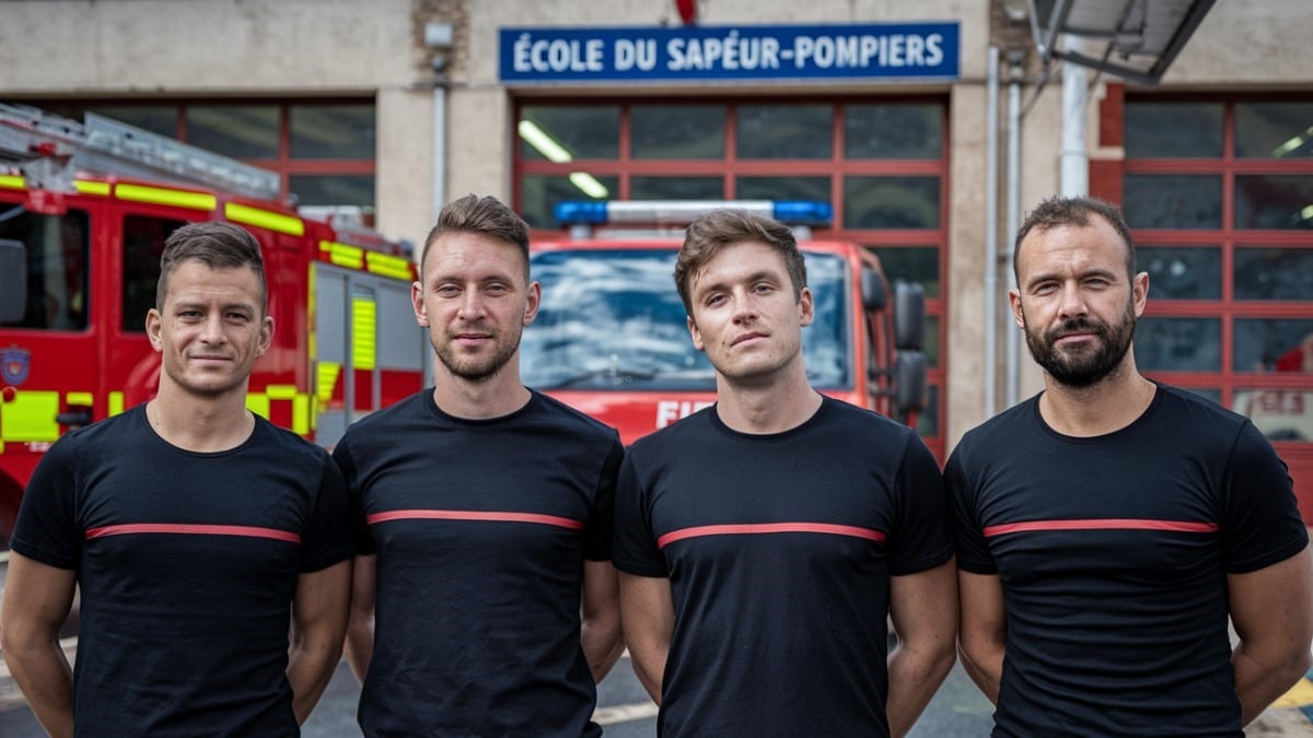 Pompiers en uniforme devant bâtiment