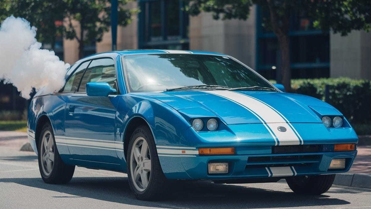 Voiture bleue avec fumée blanche