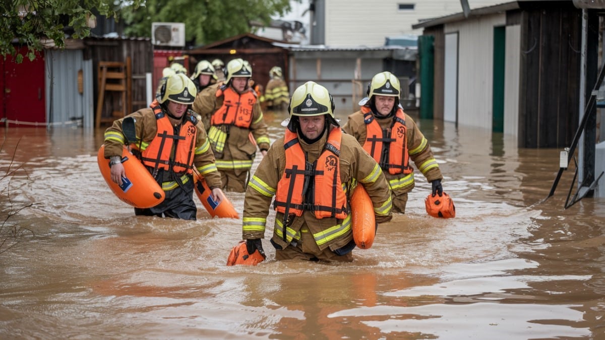 Pompiers marchant dans l'eau