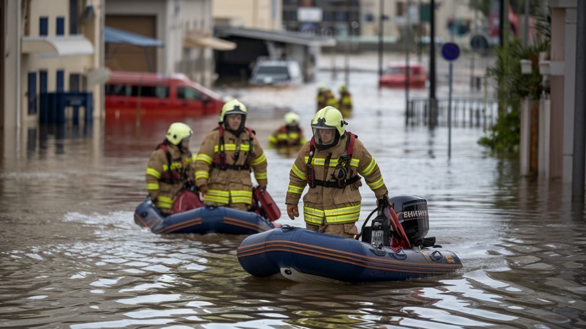 Pompiers avec bateau gonflable