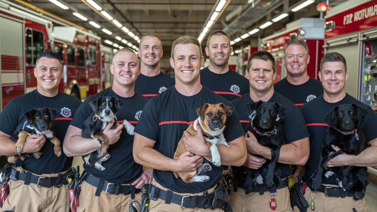 Pompiers tenant des chiots