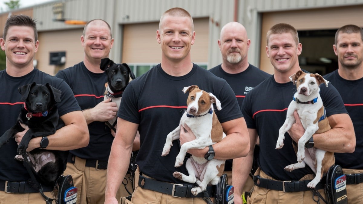 Pompiers avec leurs chiots