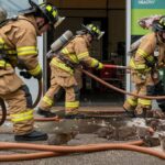 Pompiers dératisant autour d’un bâtiment