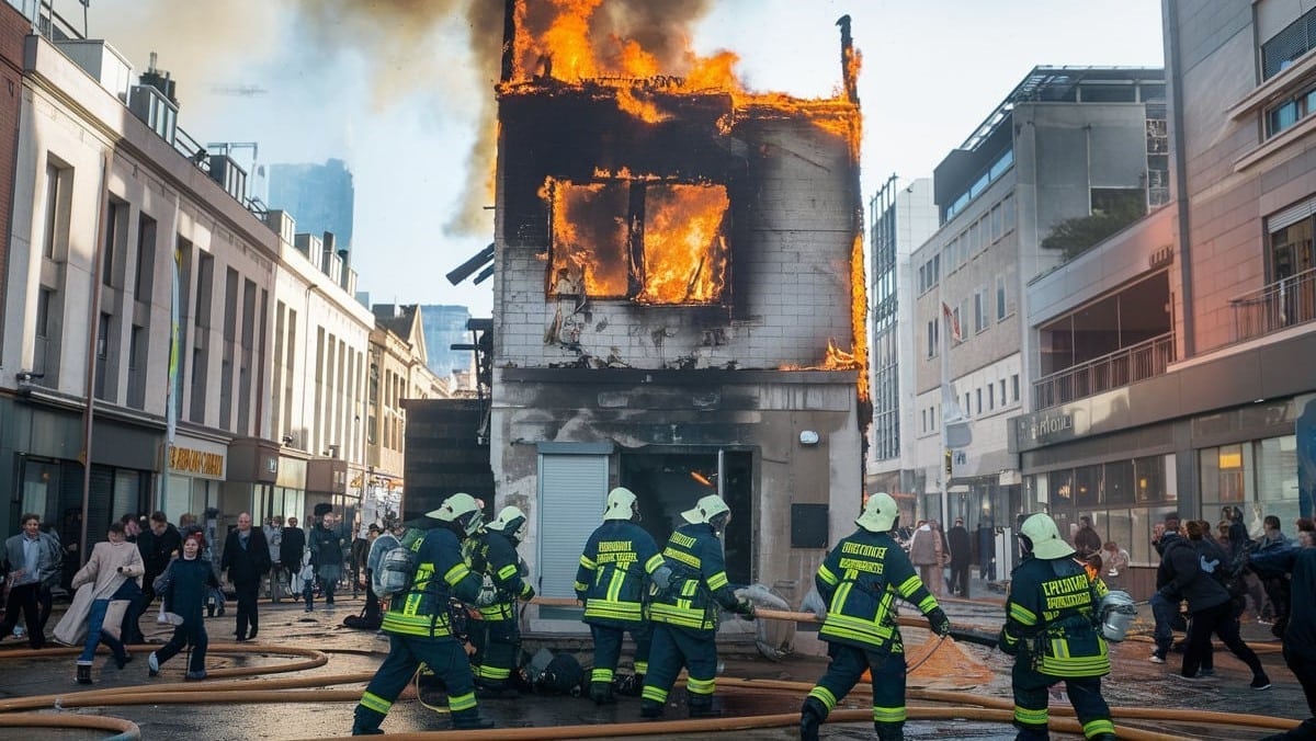 Pompiers face à un immeuble