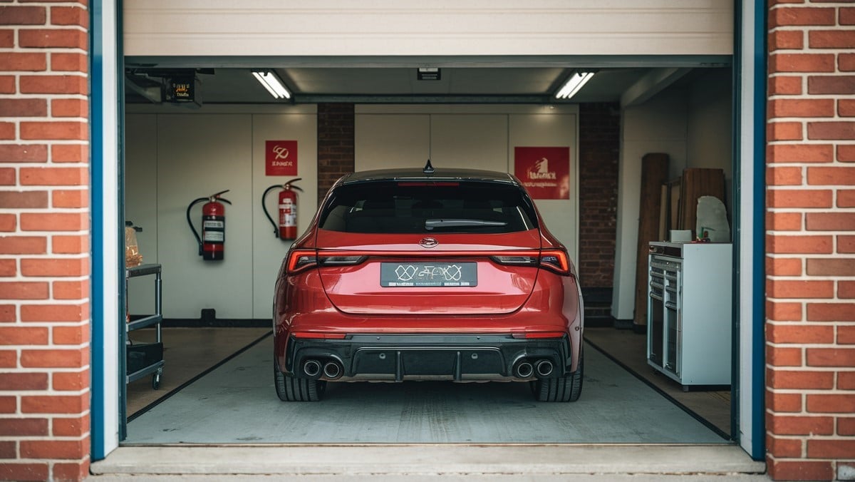 Voiture rouge dans un garage