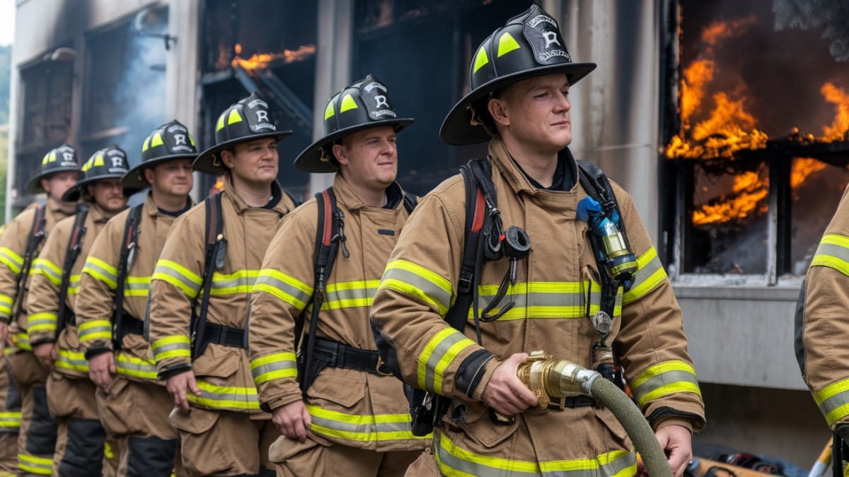 Pompiers équipés devant incendie