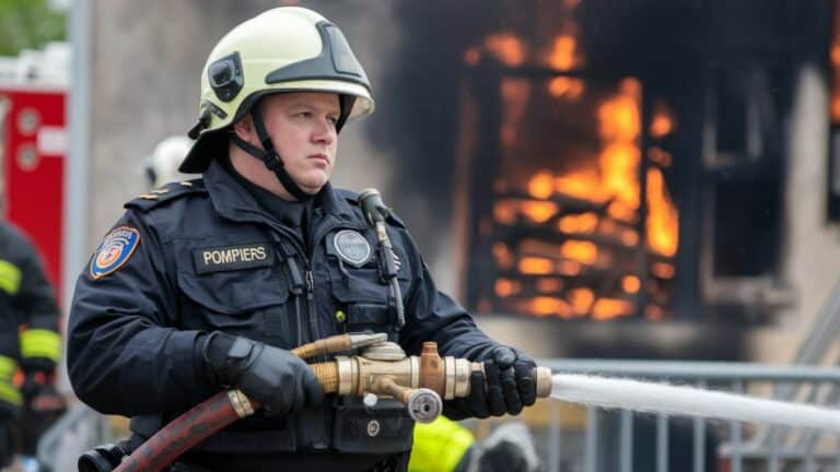 Pompier avec lance incendie