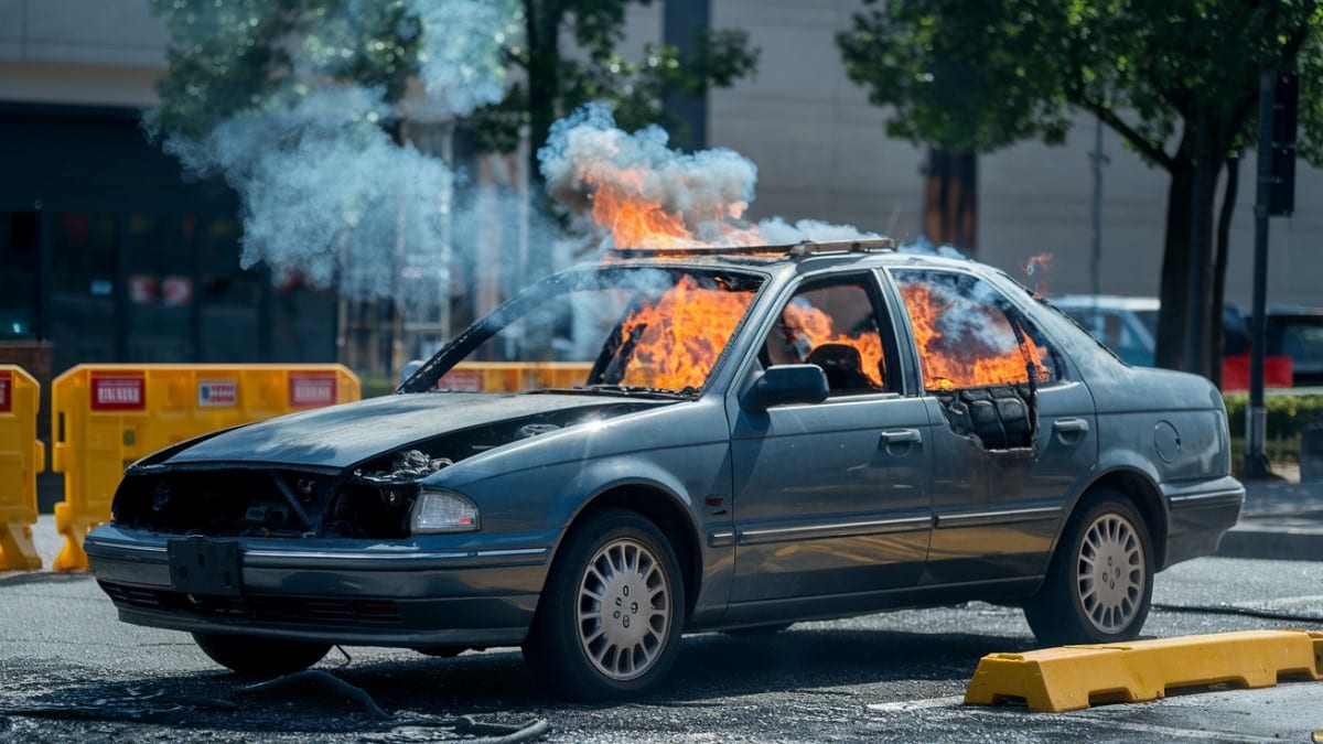 Voiture bleue en flammes