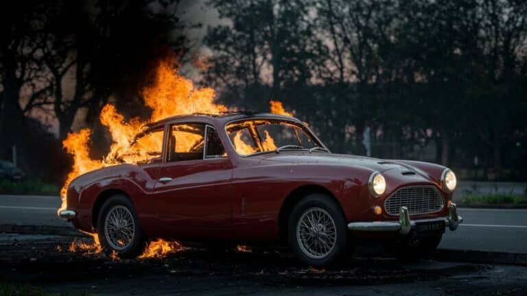 Voiture classique rouge incendiée