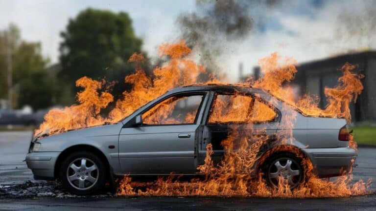 Voiture grise entourée de flammes