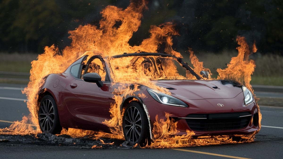 Voiture rouge prise par flammes