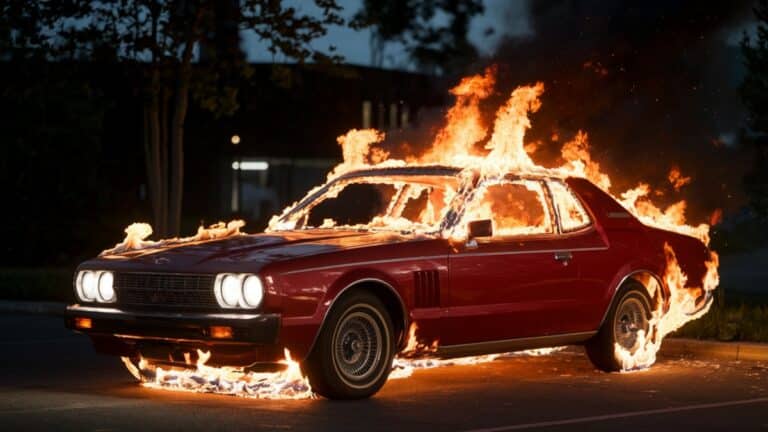 Voiture ancienne rouge en feu