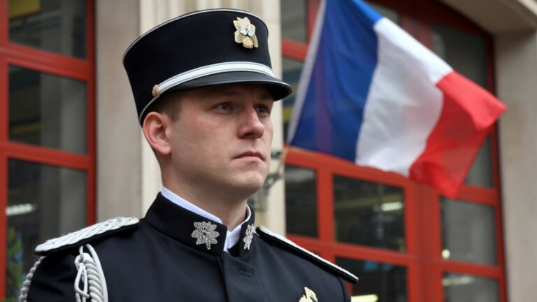 Officier pompier et drapeau