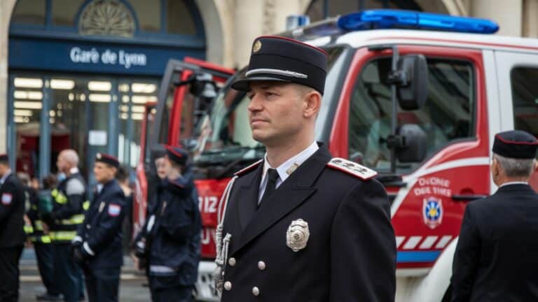 Officier pompier devant caserne