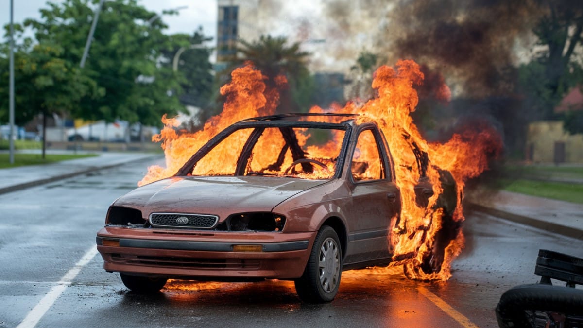 Flammes sur une voiture rouge