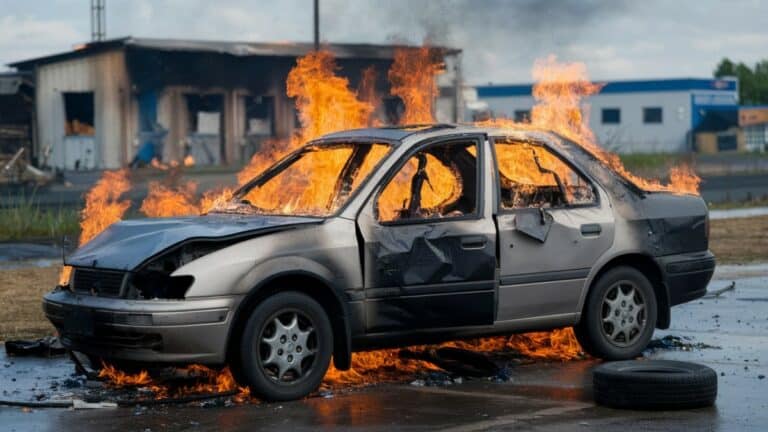 Voiture grise partiellement brûlée