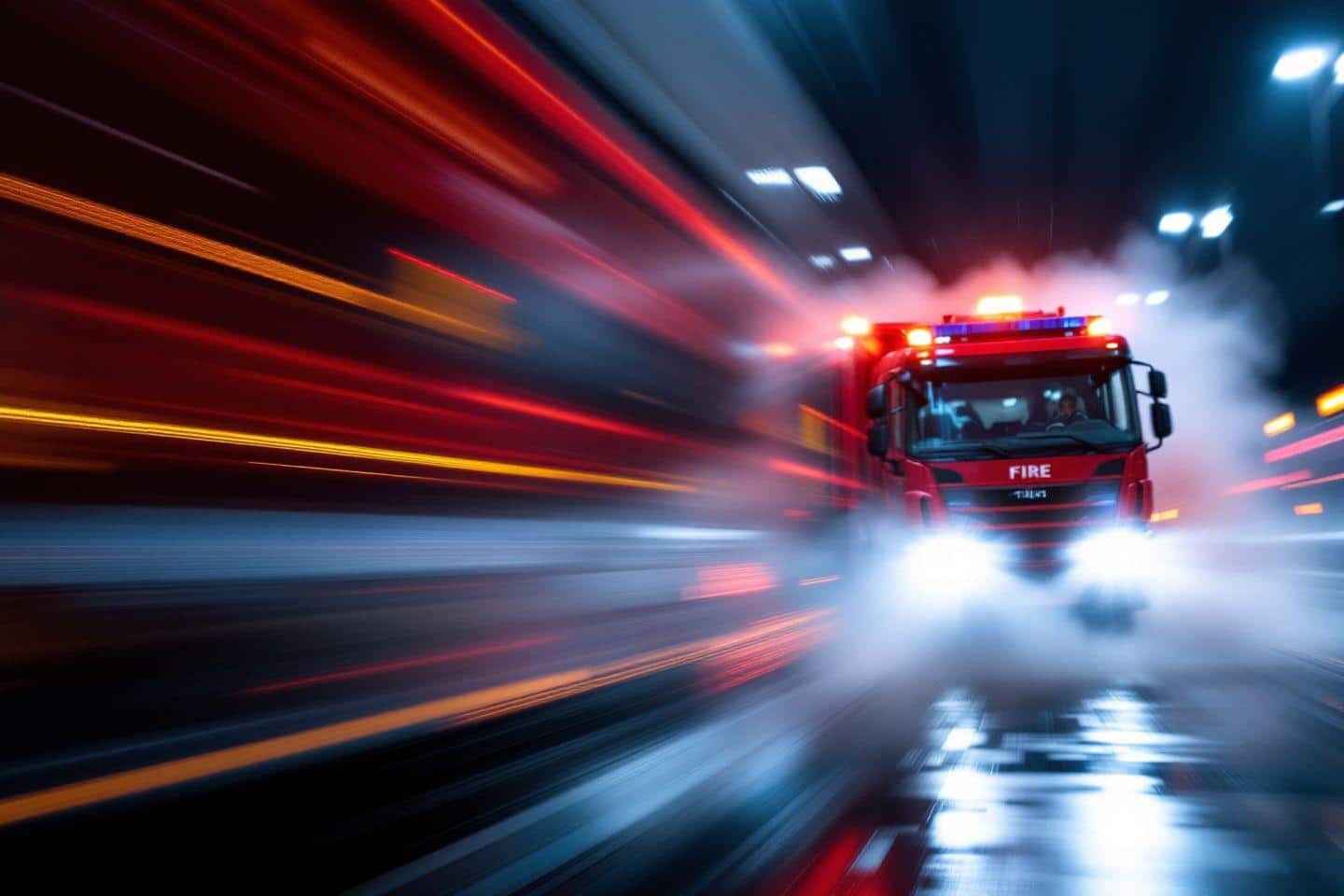 Camion de pompiers rouge avec gyrophares traversant la route rapidement