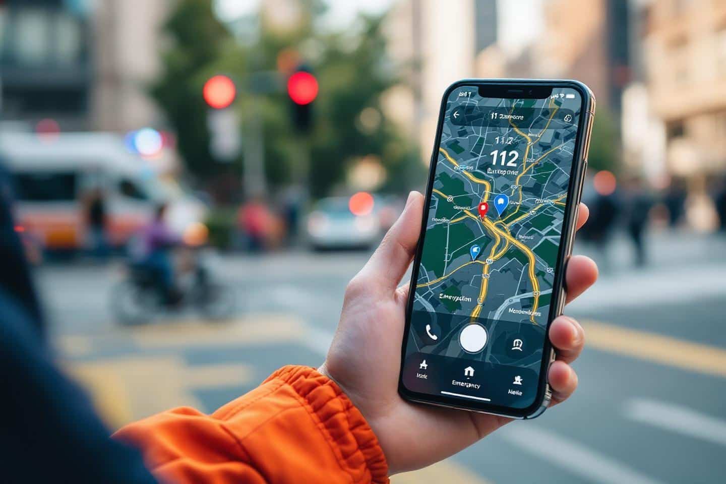 Main tenant un téléphone avec application de navigation cartographique