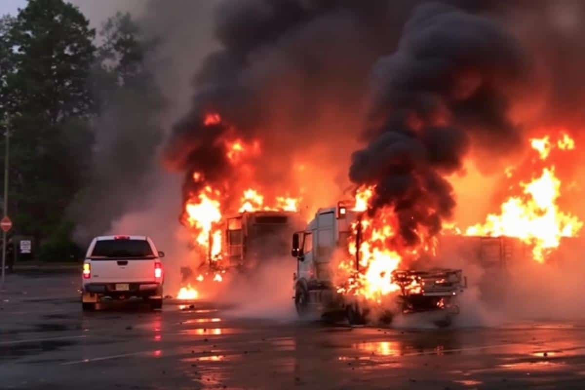 Trois poids lourds en feu sur un parking de bois : un pompier blessé