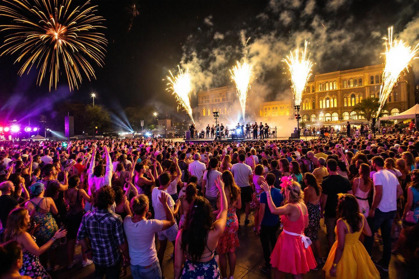 Foule massive célébrant sous des feux d'artifice colorés