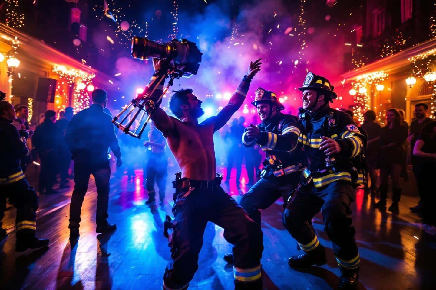 Pompiers dansant avec ambiance lumineuse colorée et enfumée